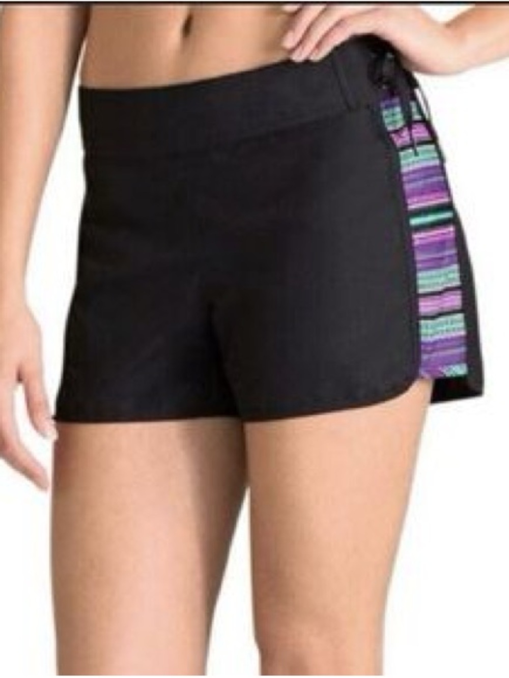 Athleta Black Active Santa Cruz board Shorts with Purple Teal Stripe Side Panel